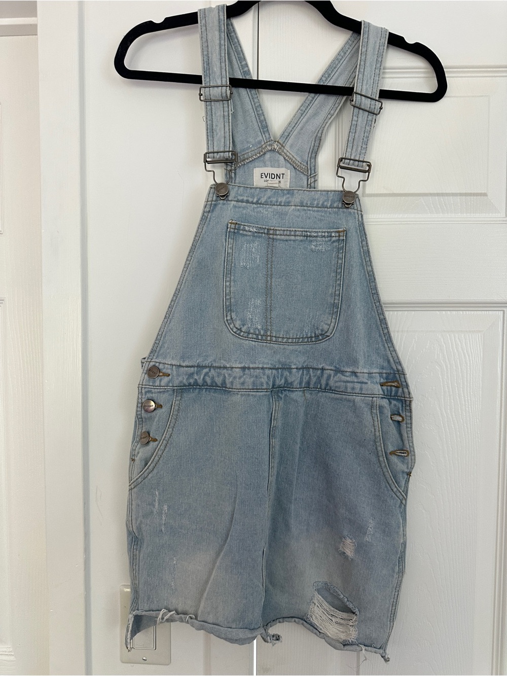 Evidnt Light Wash Denim Distressed Short Overalls Jumpsuit Dress